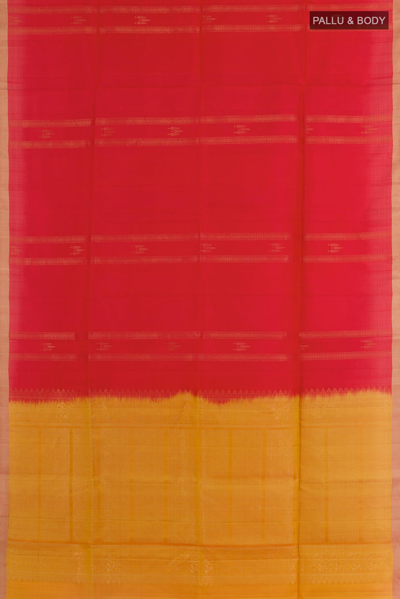 Flat view of Red Soft Silk Saree with Stripes on the body and Zari Border. 