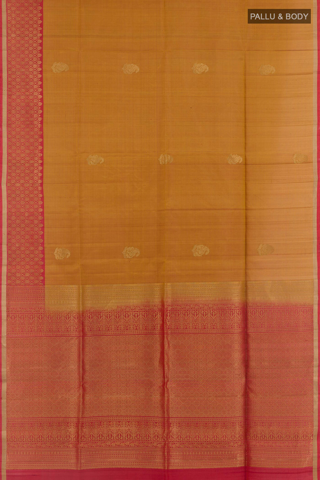 Flat view of Mustard Soft Silk Saree with Stripes on the body and Zari Border. 