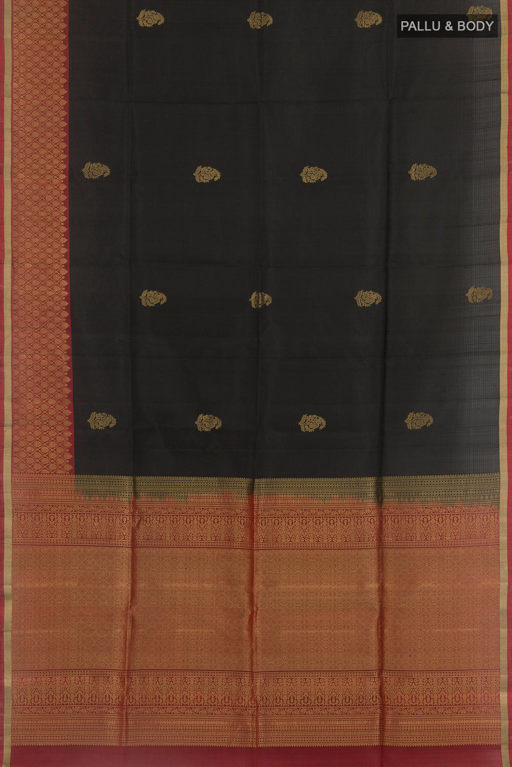 Flat view of Black Soft Silk Saree with Zari Butta on the body and Zari Border. 