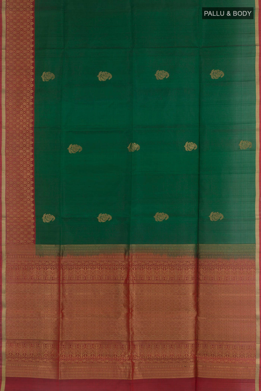 Flat view of Green Soft Silk Saree with Zari Butta on the body and Zari Border. 