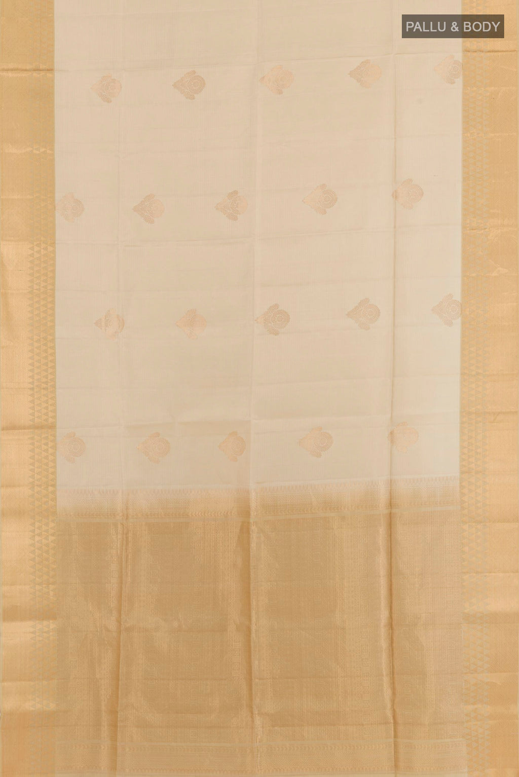 Flat view of Cream Soft Silk Saree with Zari Butta on the body and Zari Border. 