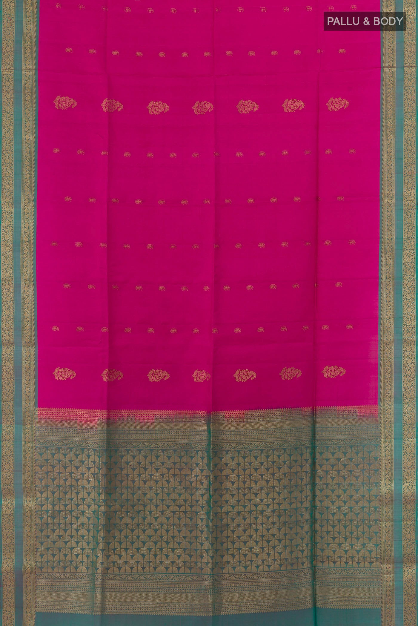 Flat view of Pink Soft Silk Saree with Zari Butta on the body and Zari Border. 