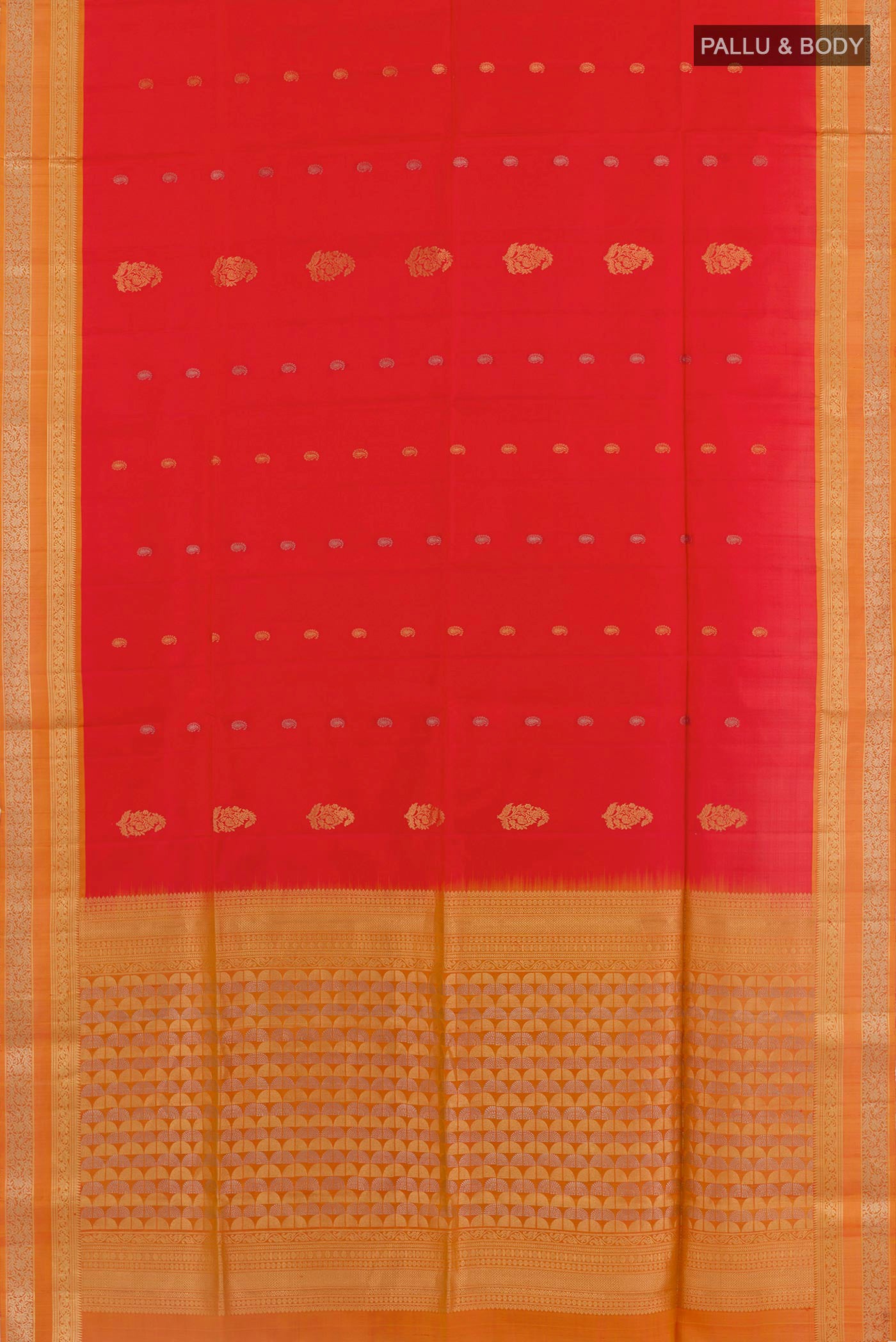 Flat view of Red Soft Silk Saree with Zari Butta on the body and Zari Border. 