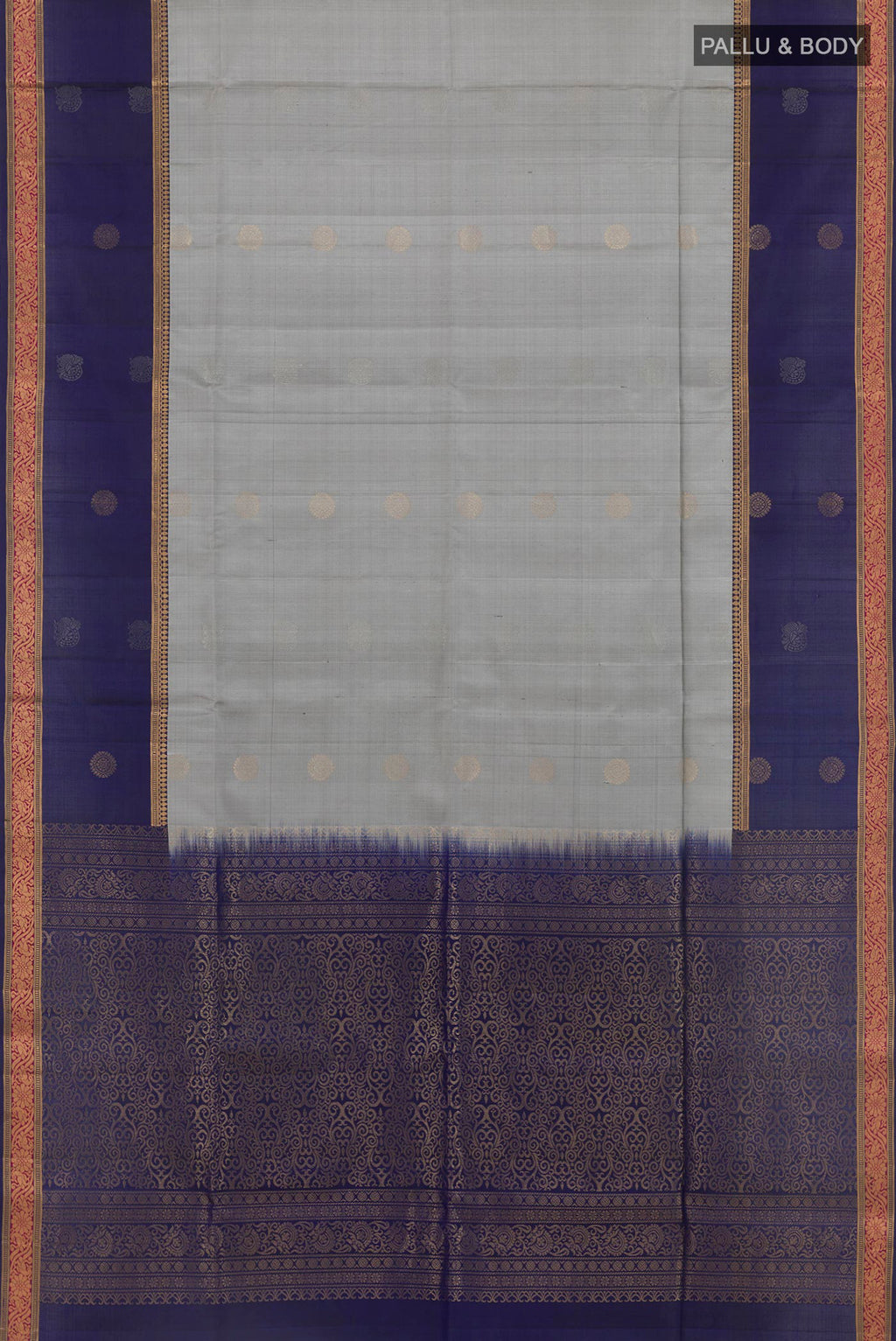 Flat view of Grey Soft Silk Saree with Zari Butta on the body and Zari Border. 