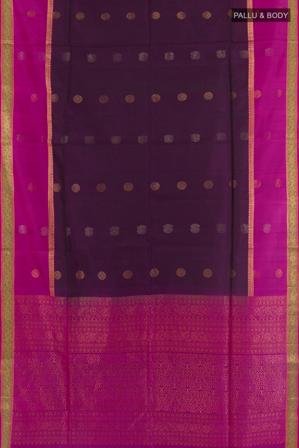 Flat view of Purple Soft Silk Saree with Zari Butta on the body and Zari Border. 