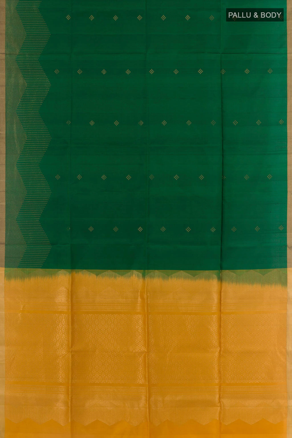 Flat view of Green Soft Silk Saree with Zari Butta on the body and Zari Border. 