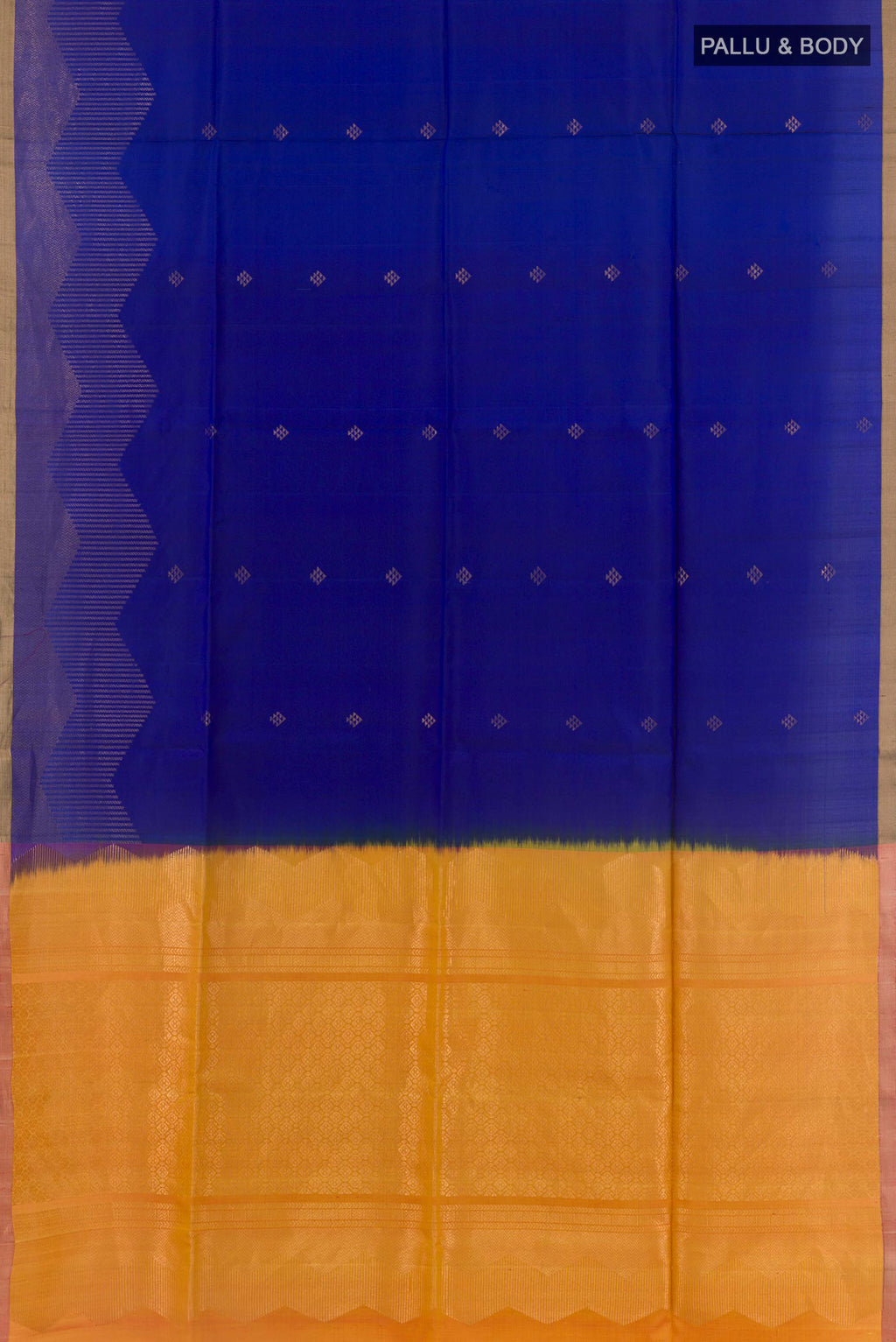 Flat view of Yellow Soft Silk Saree with Stripes on the body and Zari Border. 