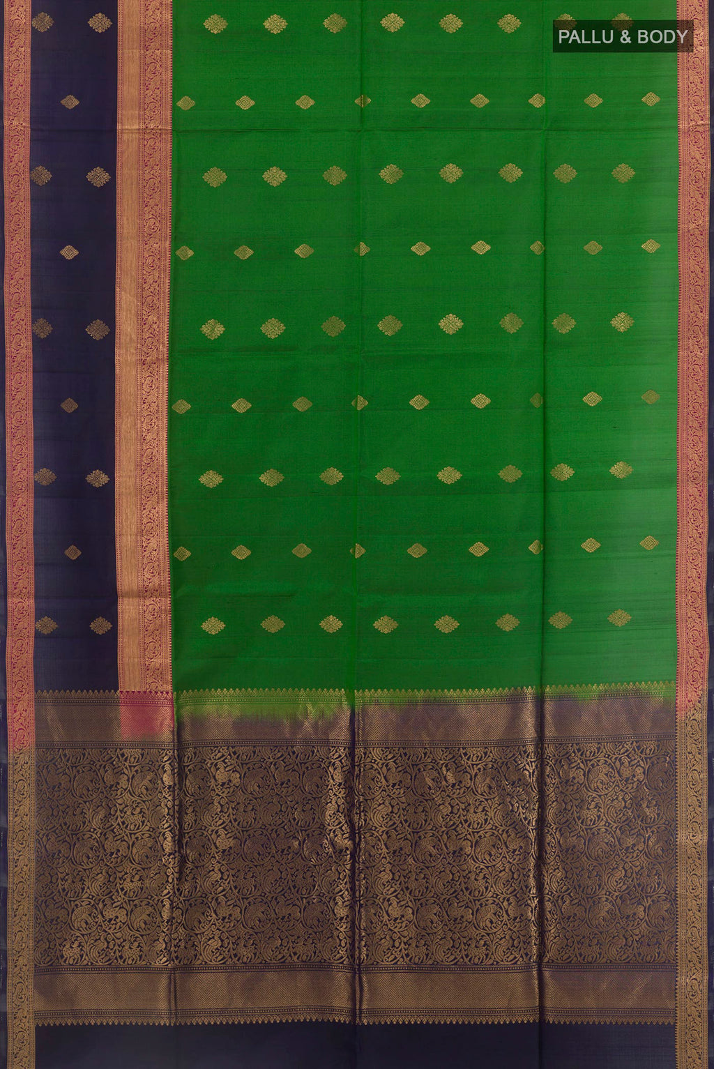 Flat view of Green Soft Silk Saree with Zari Butta on the body and Zari Border. 