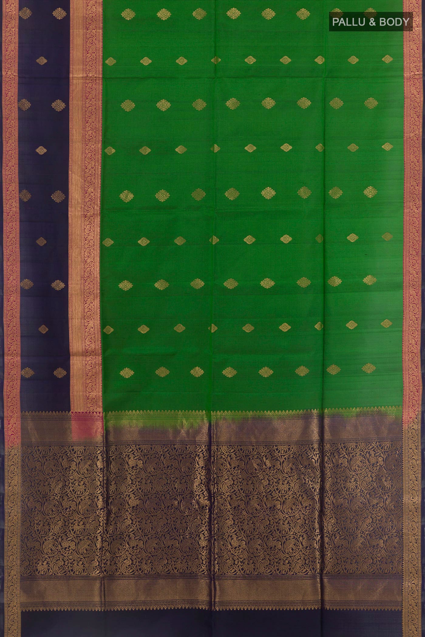 Flat view of Green Soft Silk Saree with Zari Butta on the body and Zari Border. 