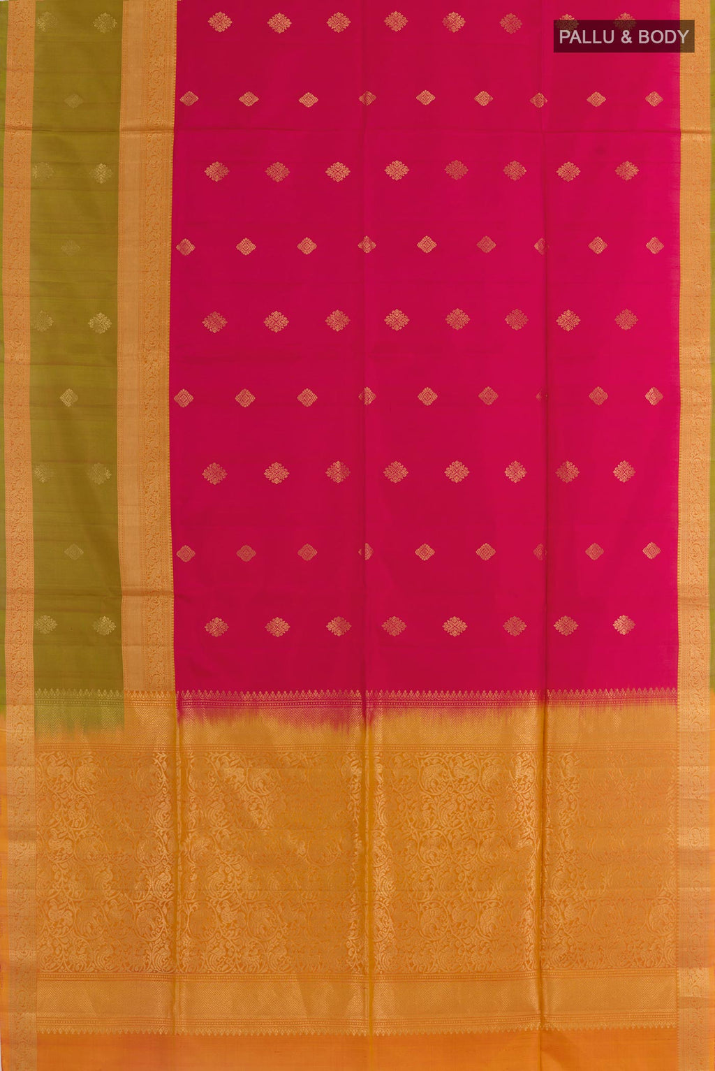 Flat view of Pink Soft Silk Saree with Zari Butta on the body and Zari Border. 