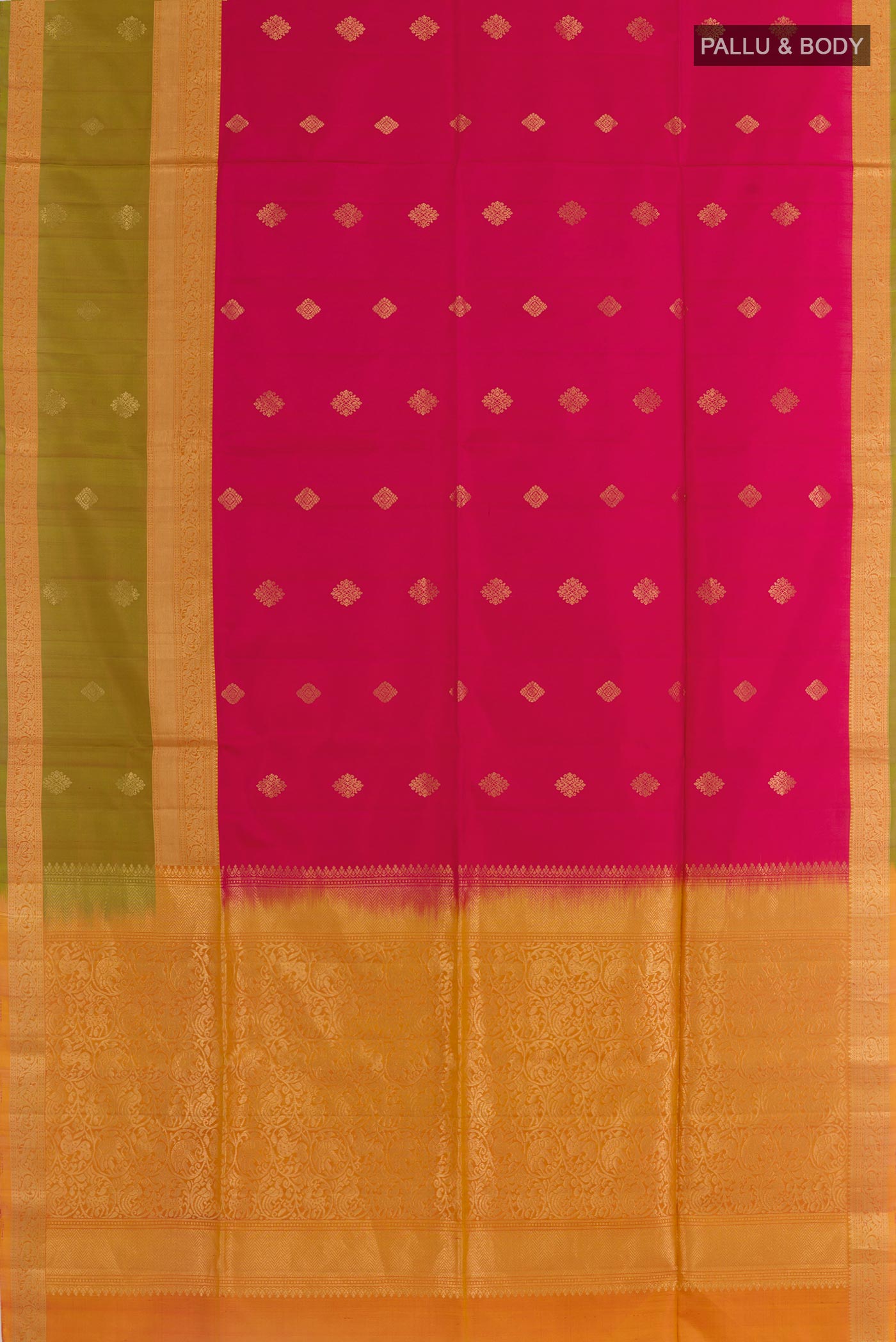 Flat view of Pink Soft Silk Saree with Zari Butta on the body and Zari Border. 