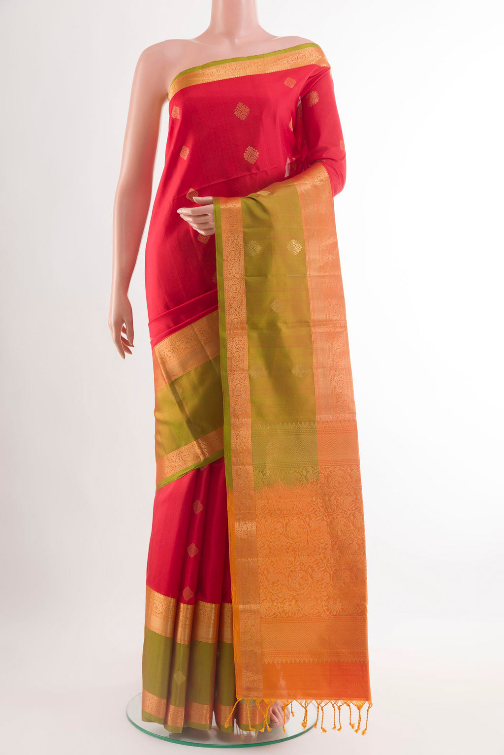 Red Soft Silk Saree with Zari Butta on the body and Zari Border.  displayed on a mannequin