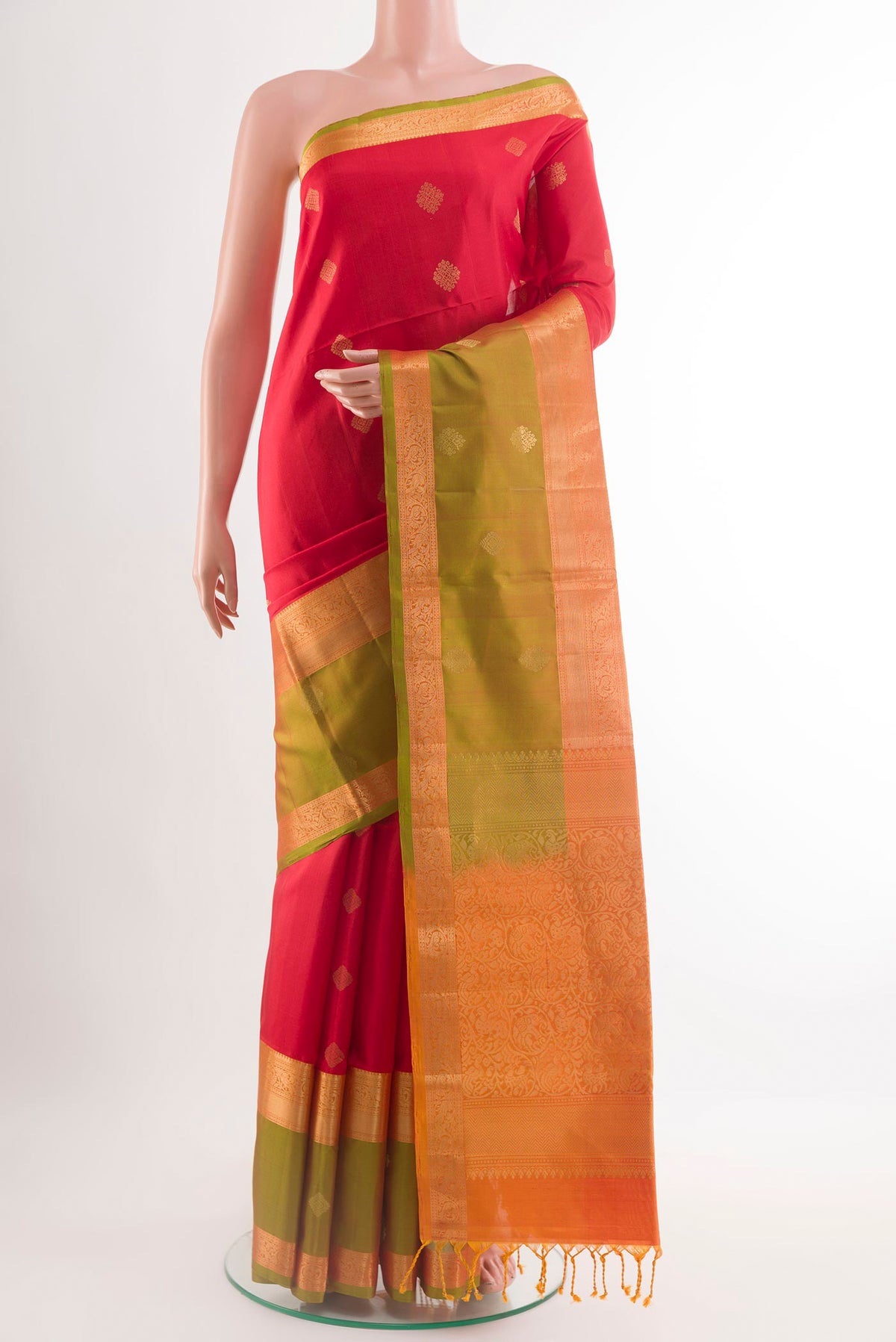 Red Soft Silk Saree with Zari Butta on the body and Zari Border.  displayed on a mannequin