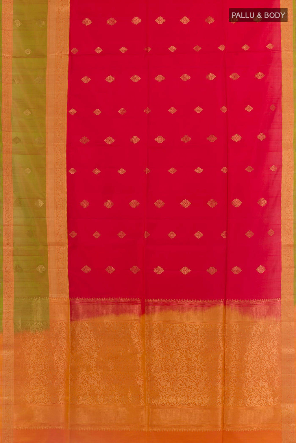 Flat view of Red Soft Silk Saree with Zari Butta on the body and Zari Border. 