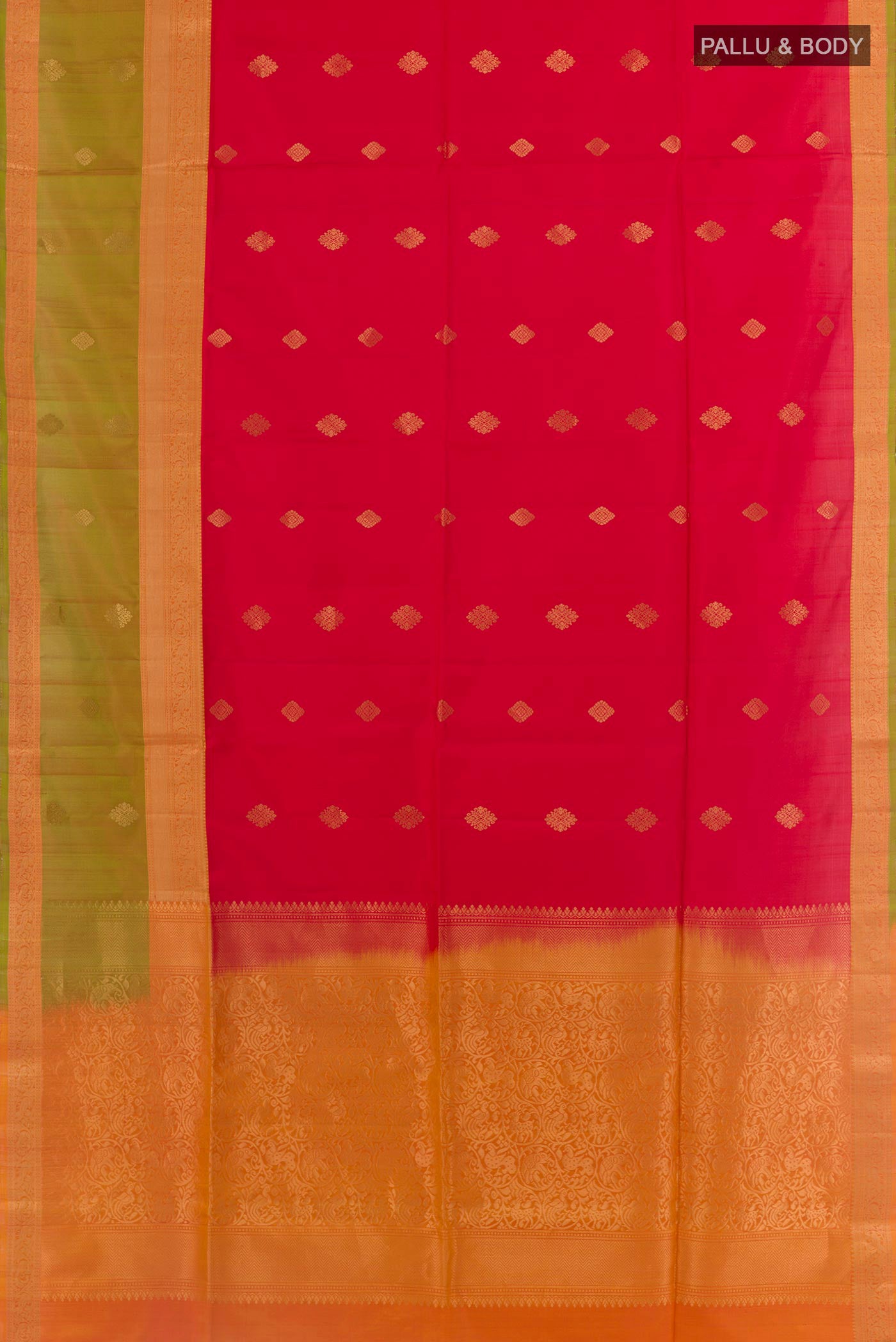 Flat view of Red Soft Silk Saree with Zari Butta on the body and Zari Border. 