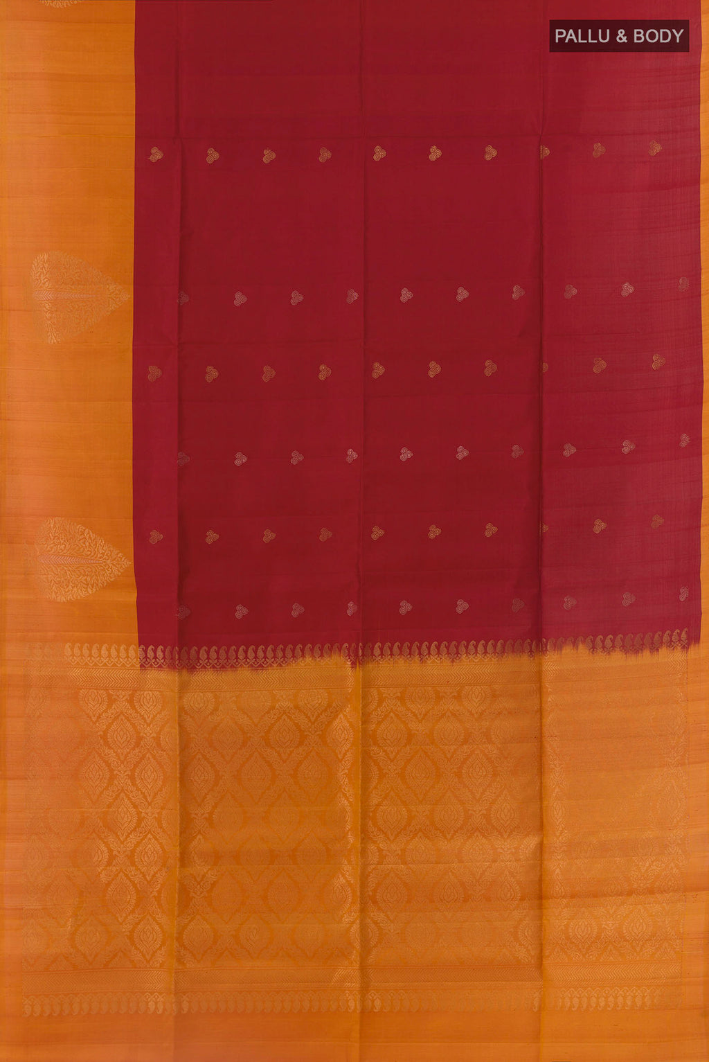 Flat view of Red Soft Silk Saree with Zari Butta on the body and Zari Border. 