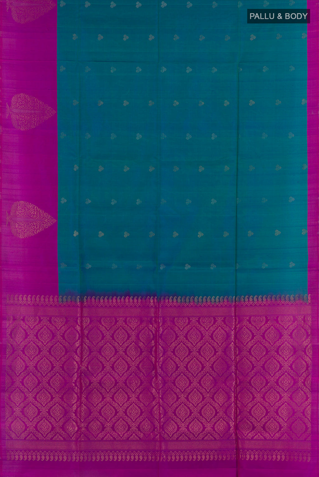 Flat view of Peacock Blue Soft Silk Saree with Zari Butta on the body and Zari Border. 