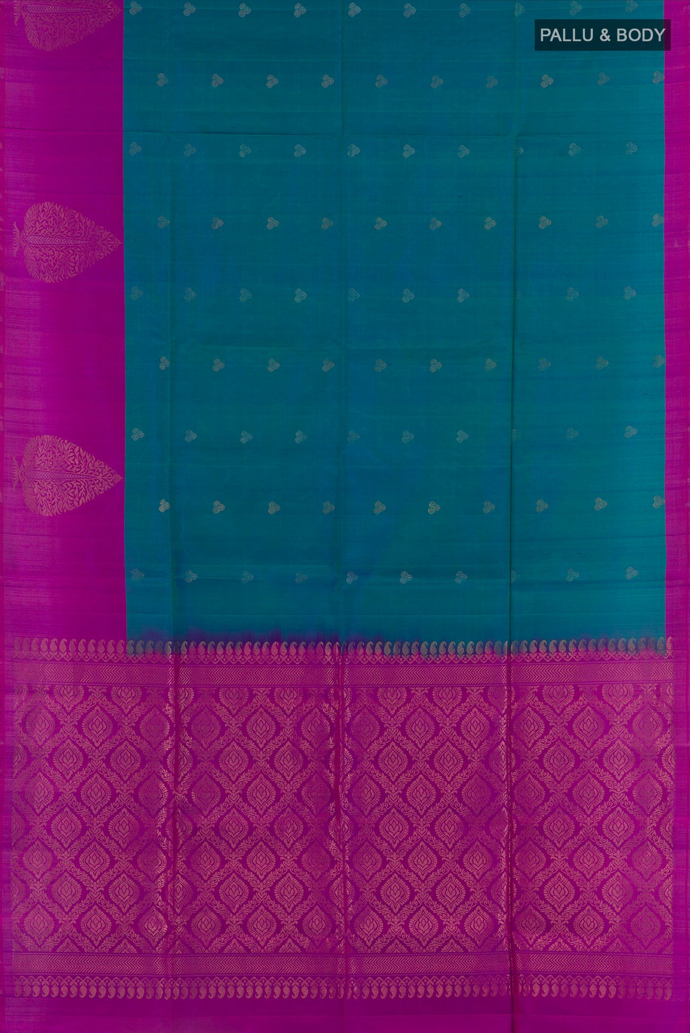 Flat view of Peacock Blue Soft Silk Saree with Zari Butta on the body and Zari Border. 