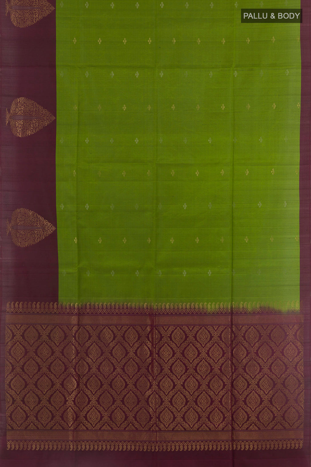 Flat view of Green Soft Silk Saree with Zari Butta on the body and Zari Border. 