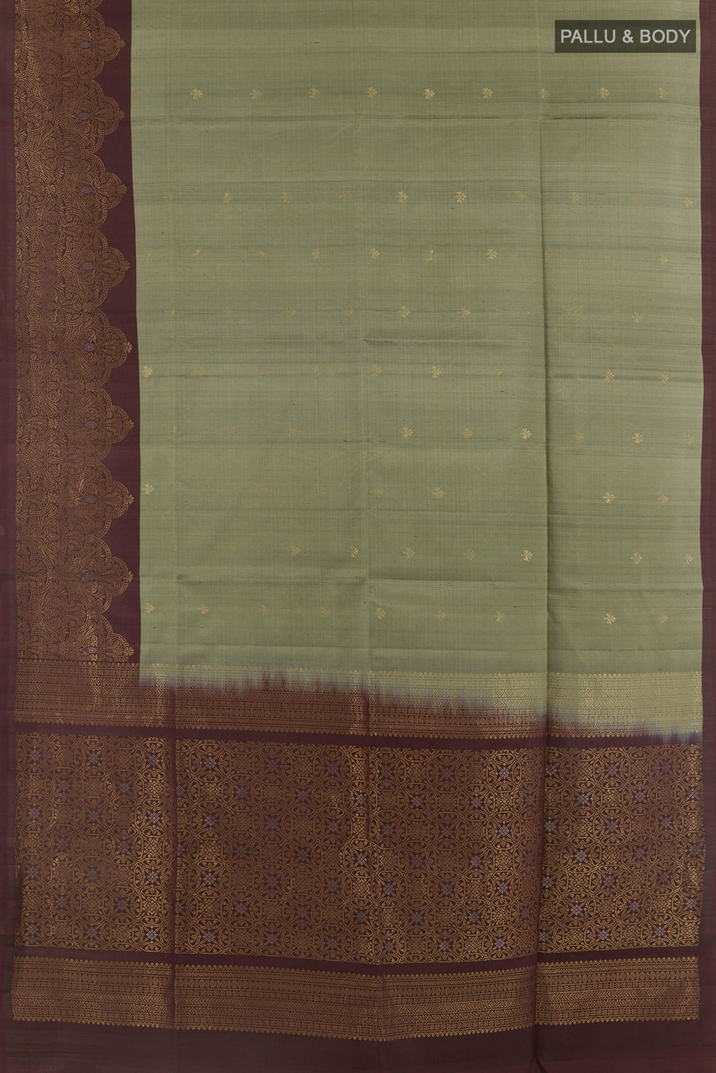 Flat view of Grey Soft Silk Saree with Zari Butta on the body and Zari Border. 
