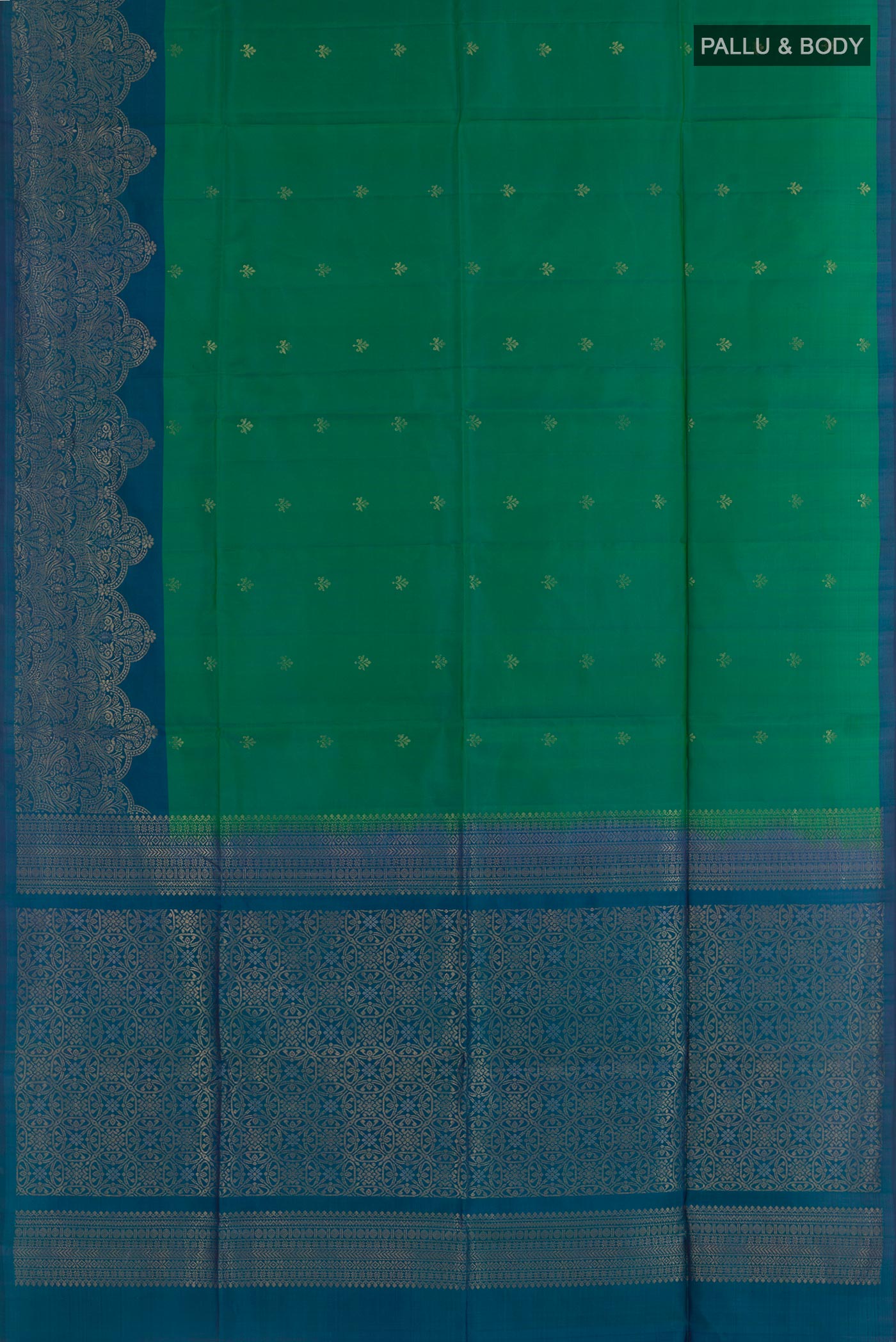 Flat view of Green Soft Silk Saree with Zari Butta on the body and Zari Border. 