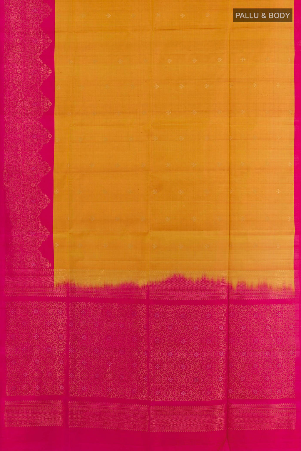 Flat view of Yellow Soft Silk Saree with Zari Butta on the body and Zari Border. 