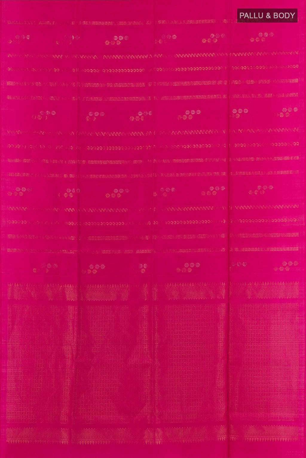 Flat view of Pink Soft Silk Saree with Zari Butta on the body and Zari Border. 