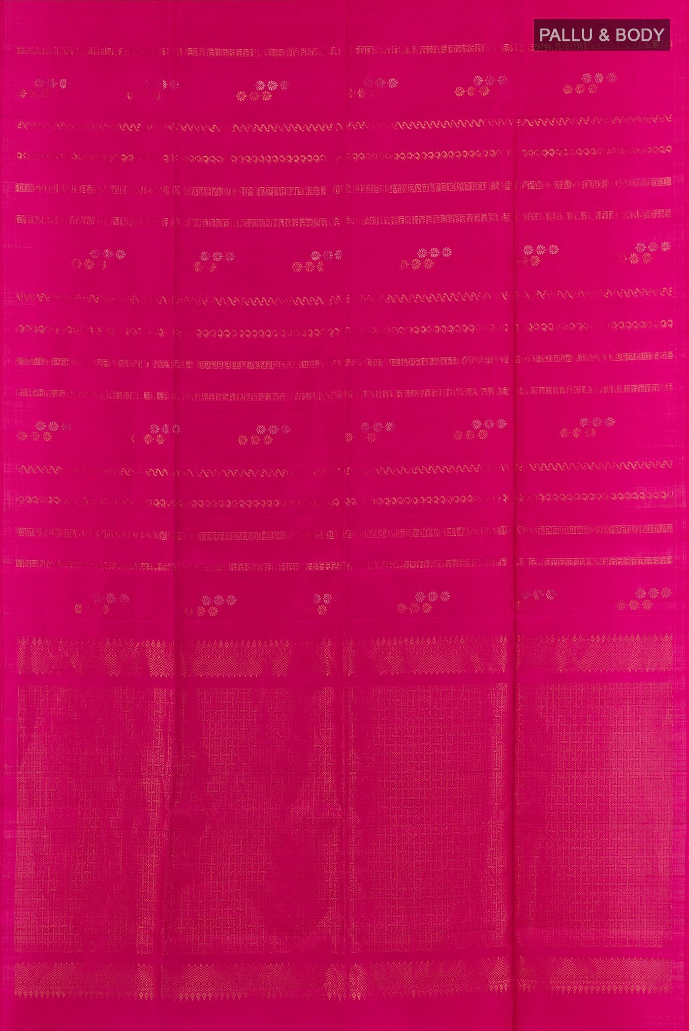 Flat view of Pink Soft Silk Saree with Zari Butta on the body and Zari Border. 