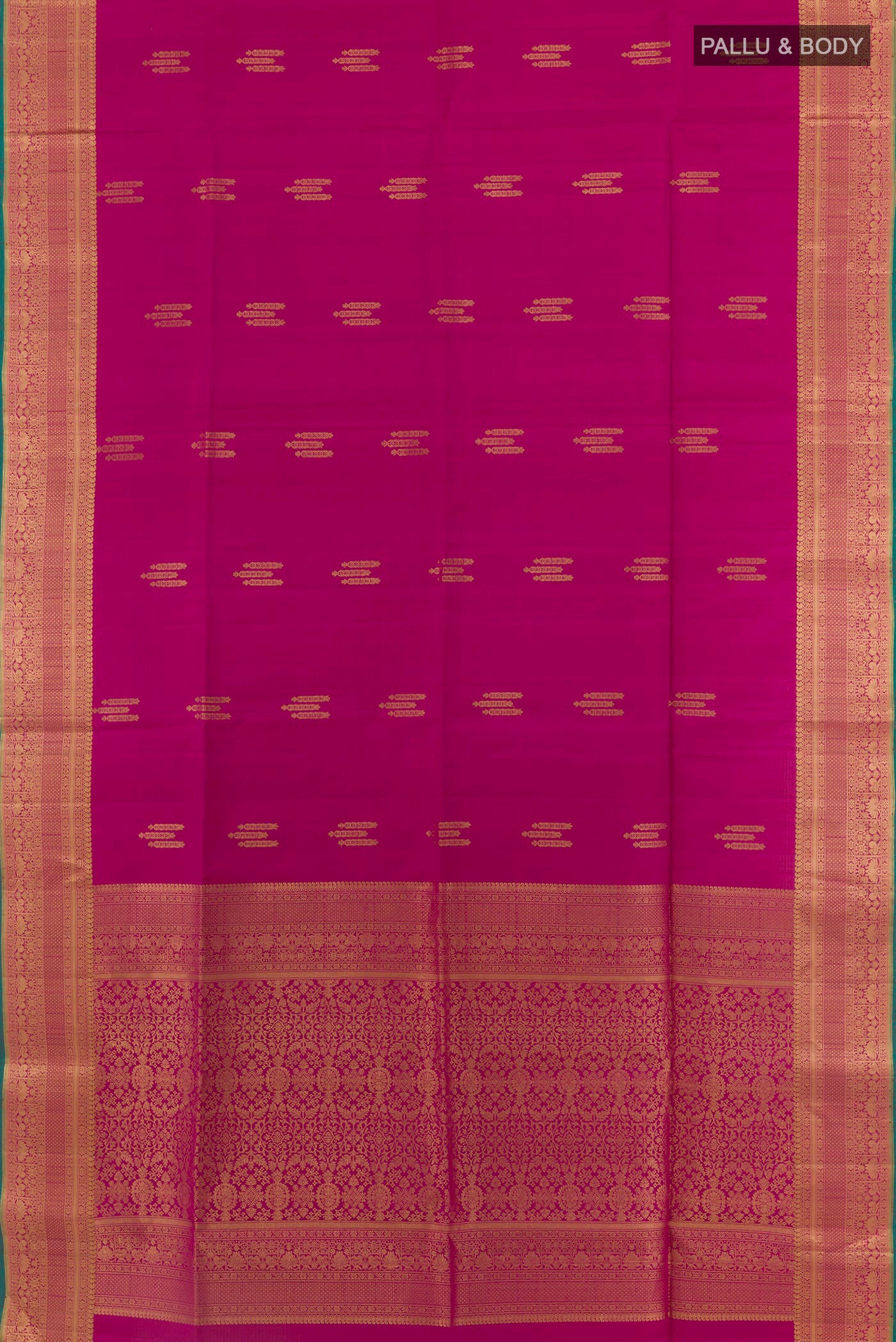 Flat view of Purple Soft Silk Saree with Zari Butta on the body and Zari Border. 