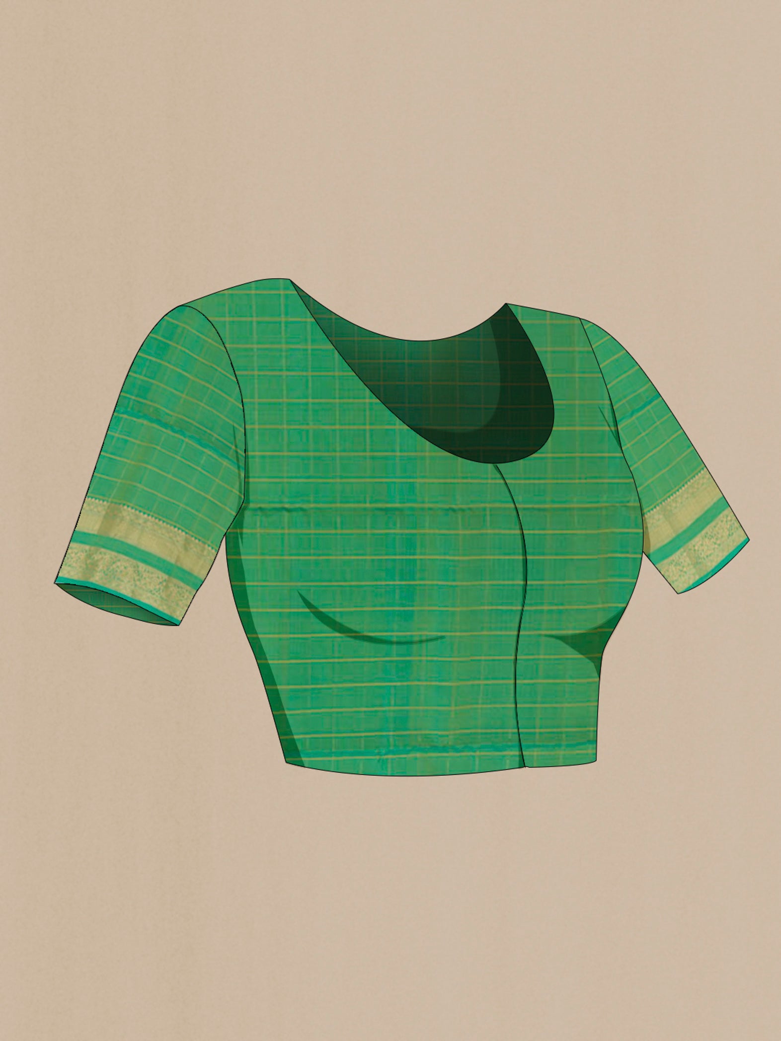 Close up image of the blouse of Light Green Soft Silk Saree with Zari Butta on the body and Zari Border. 