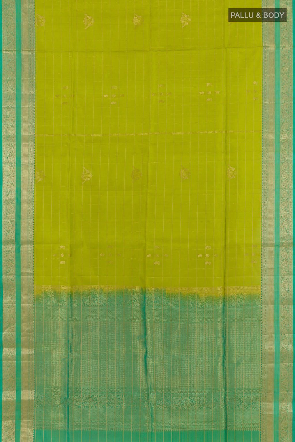 Flat view of Light Green Soft Silk Saree with Zari Butta on the body and Zari Border. 
