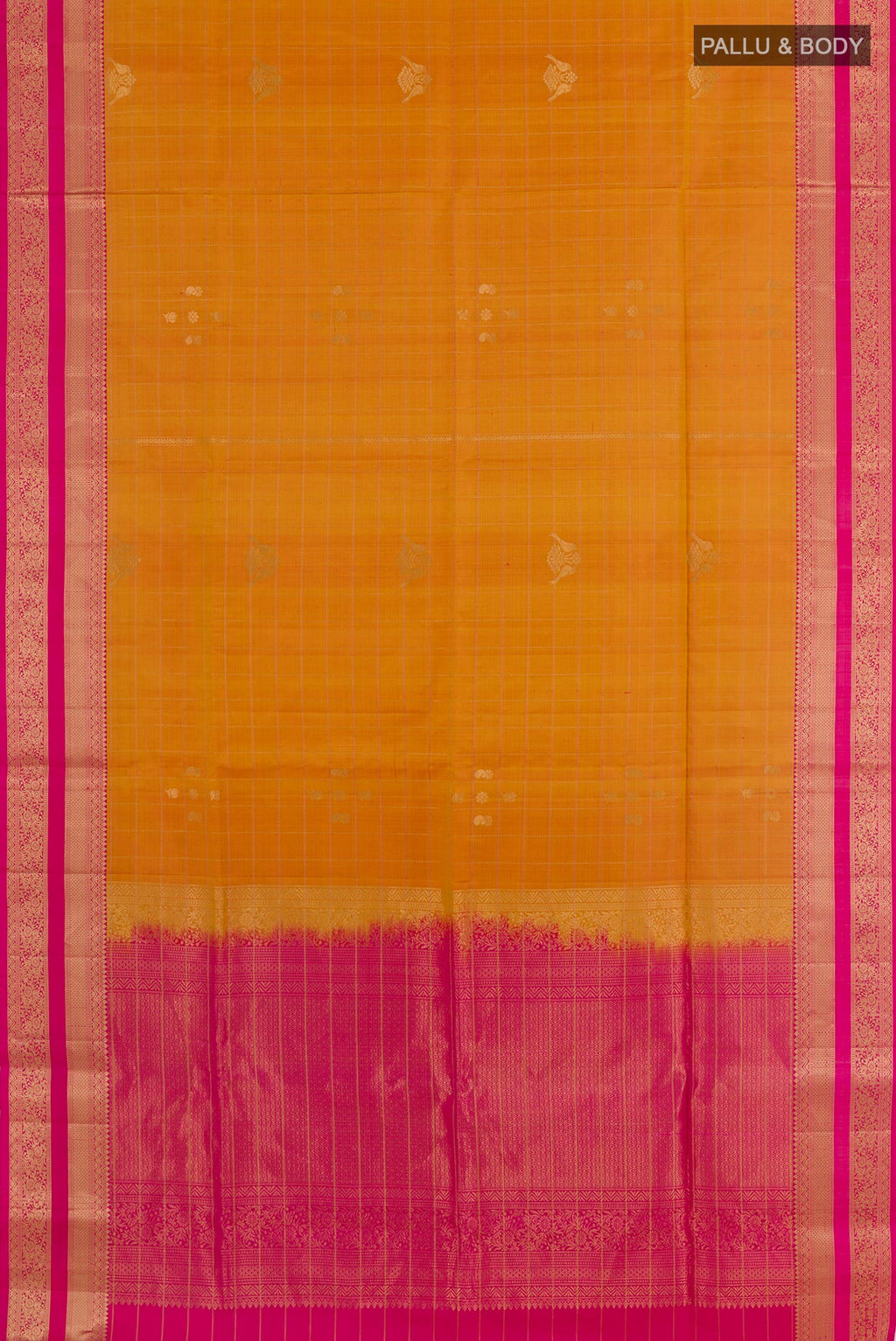 Flat view of Yellow Soft Silk Saree with Stripes on the body and Zari Border. 