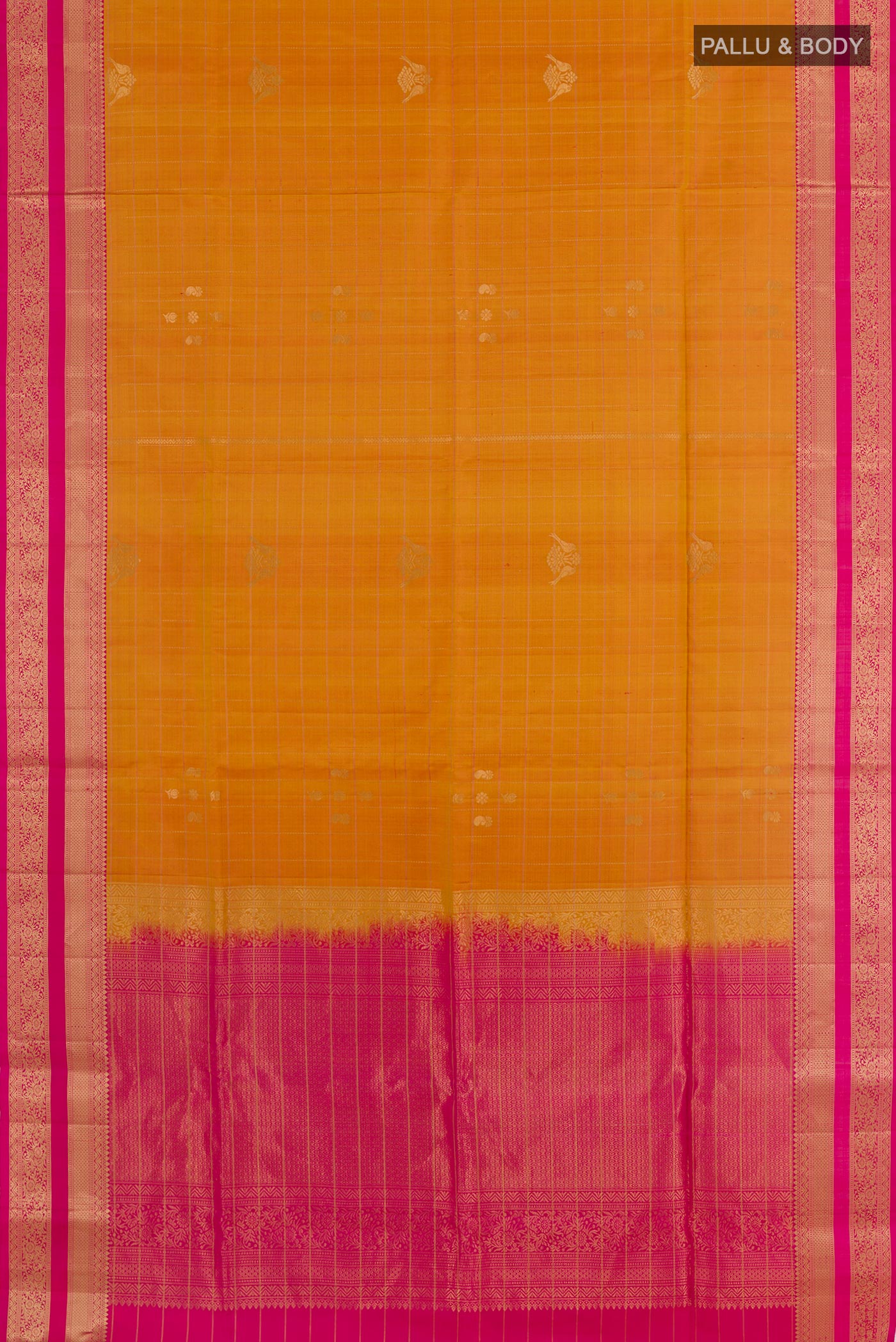 Flat view of Yellow Soft Silk Saree with Stripes on the body and Zari Border. 