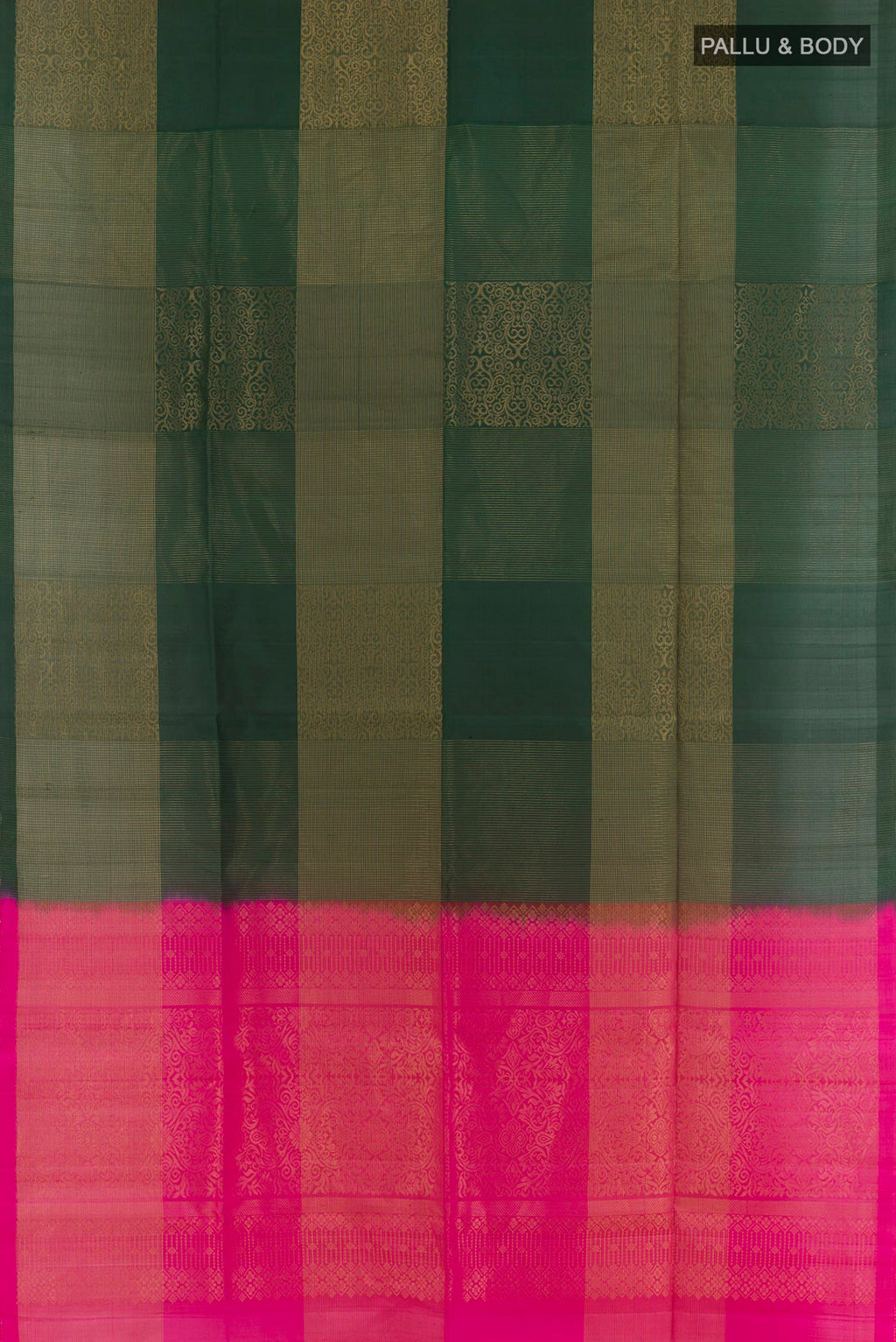 Flat view of Bottle Green Soft Silk Saree with Zari Butta on the body and Zari Border. 