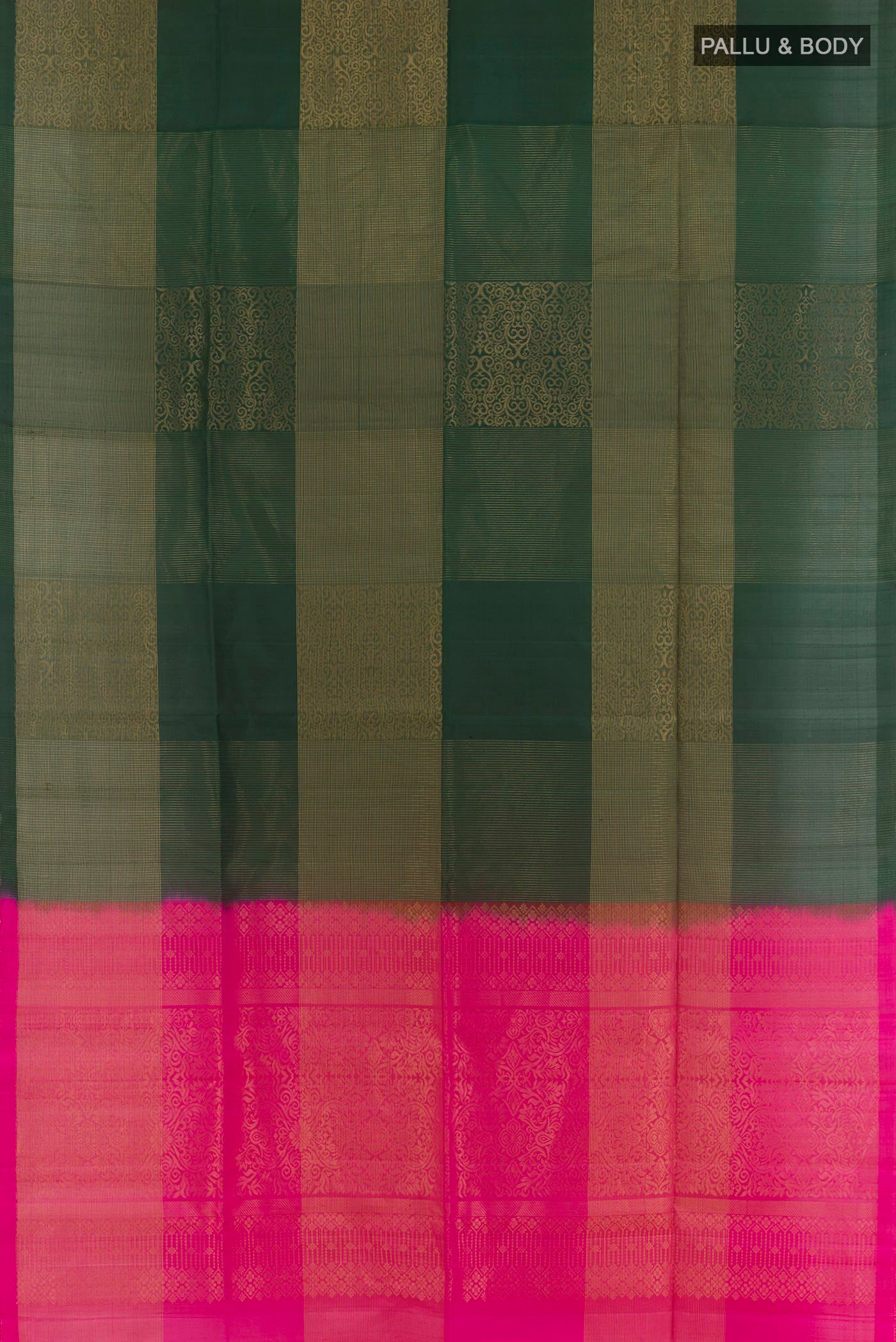 Flat view of Bottle Green Soft Silk Saree with Zari Butta on the body and Zari Border. 