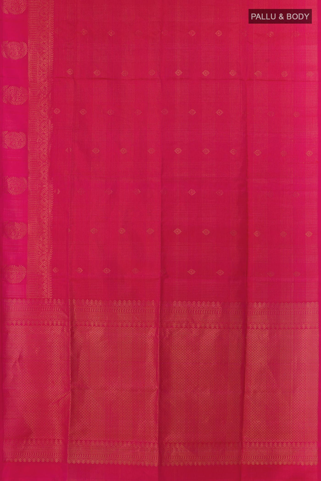 Flat view of Pink Soft Silk Saree with Stripes on the body and Zari Border. 