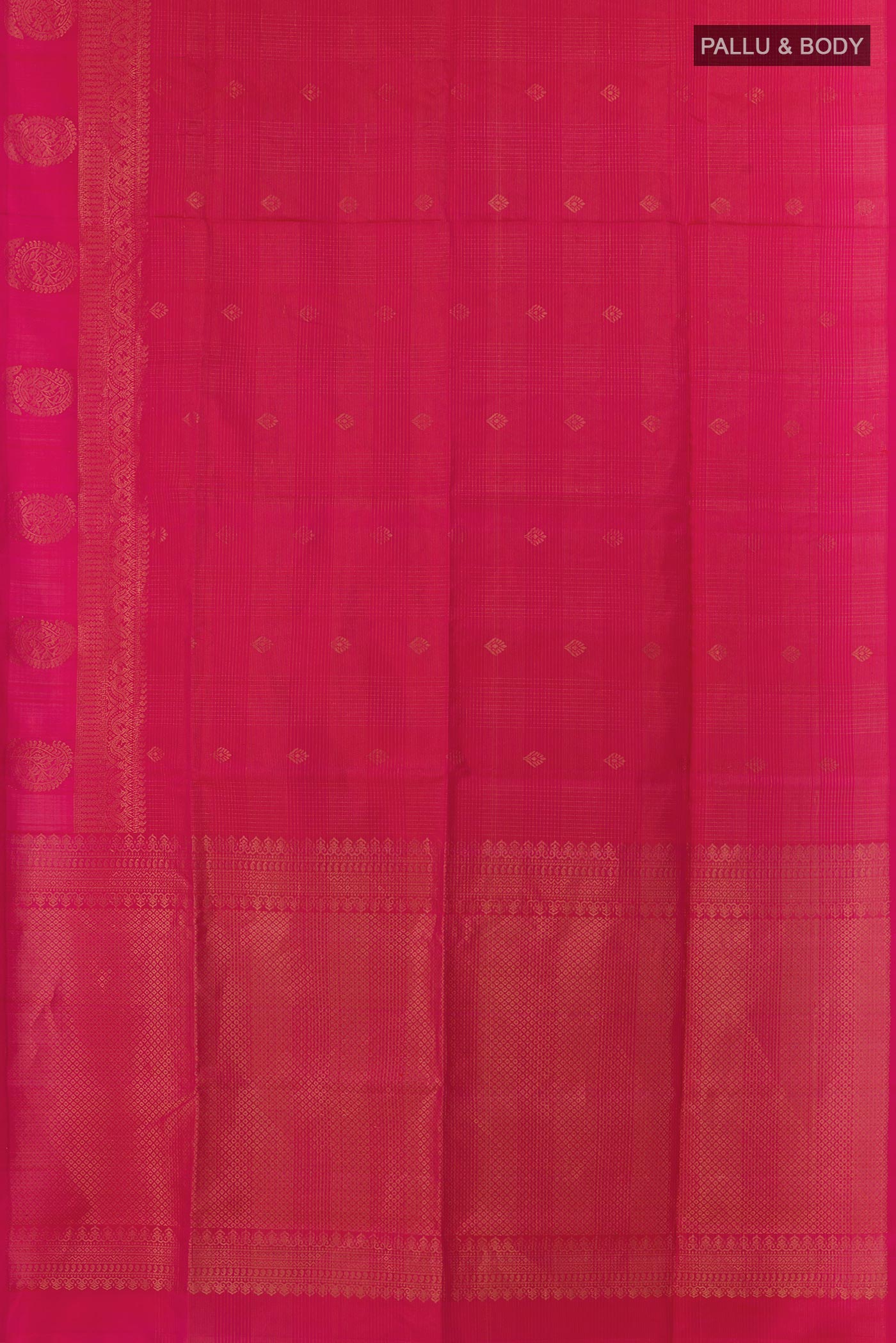 Flat view of Pink Soft Silk Saree with Stripes on the body and Zari Border. 