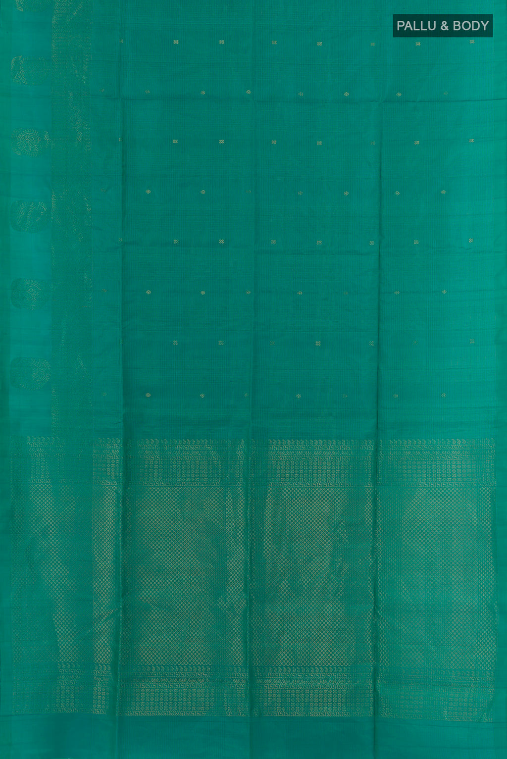 Flat view of Green Soft Silk Saree with Zari Butta on the body and Zari Border. 