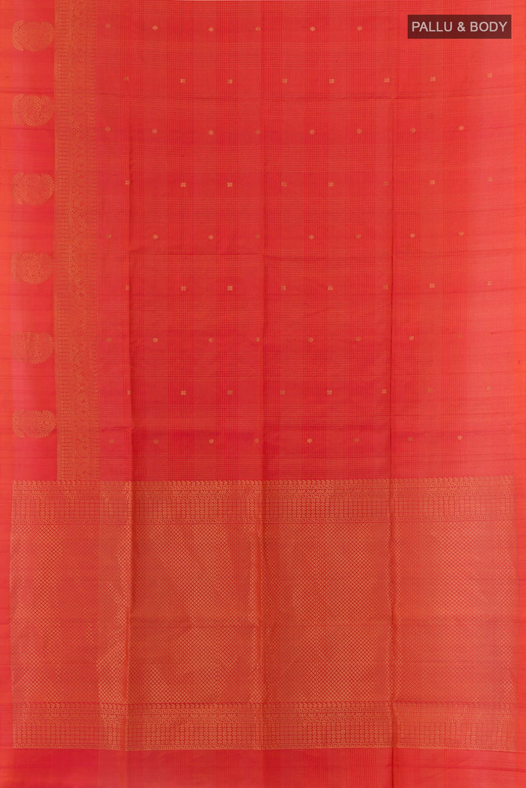 Flat view of Orange Soft Silk Saree with Zari Butta on the body and Zari Border. 