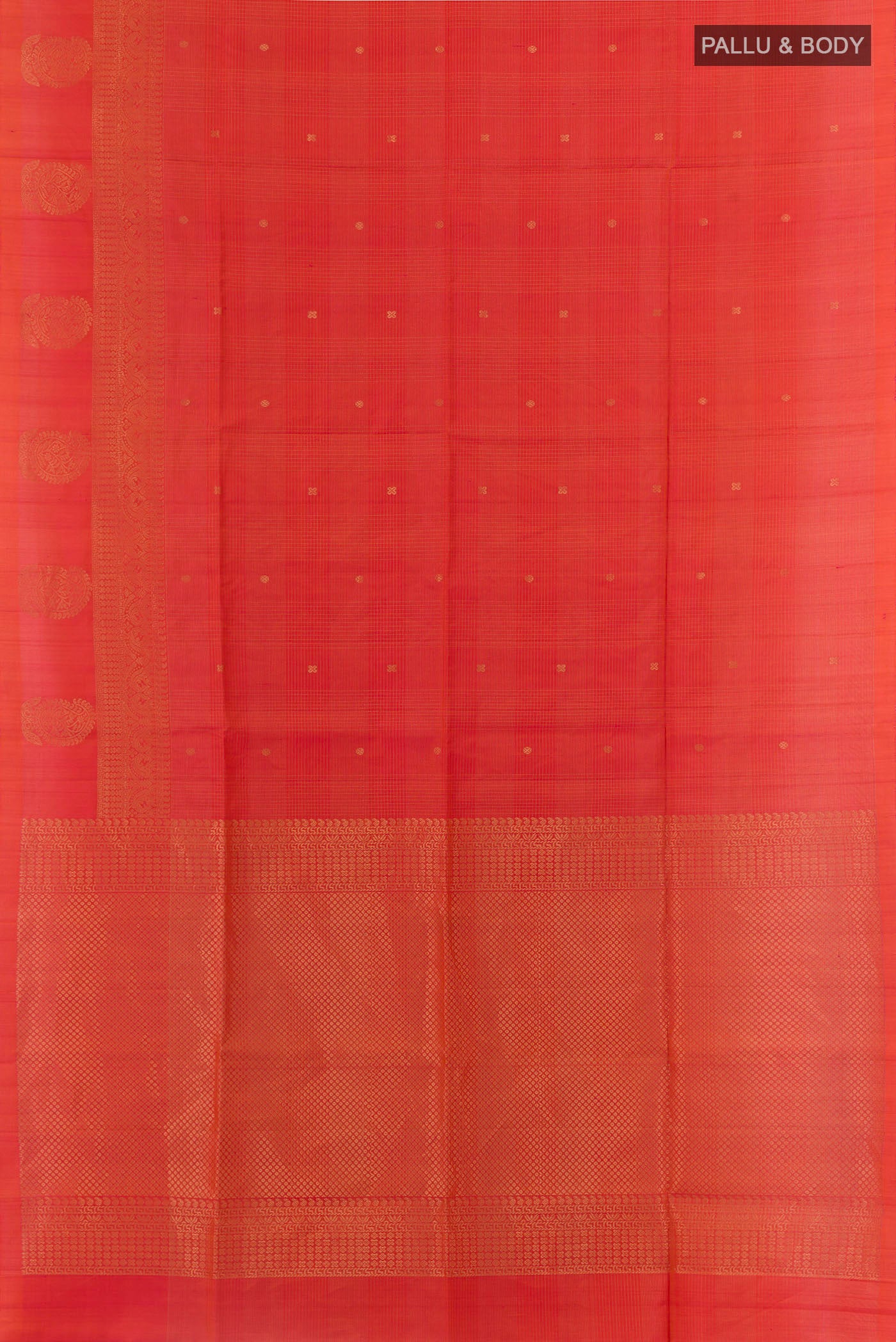 Flat view of Orange Soft Silk Saree with Zari Butta on the body and Zari Border. 