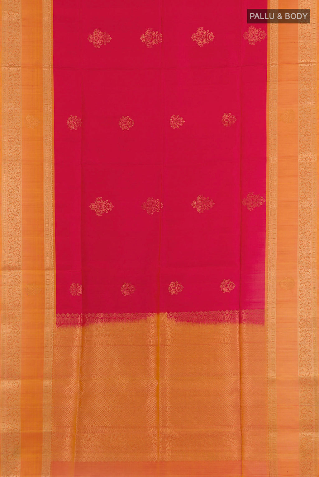 Flat view of Red Soft Silk Saree with Zari Butta on the body and Zari Border. 