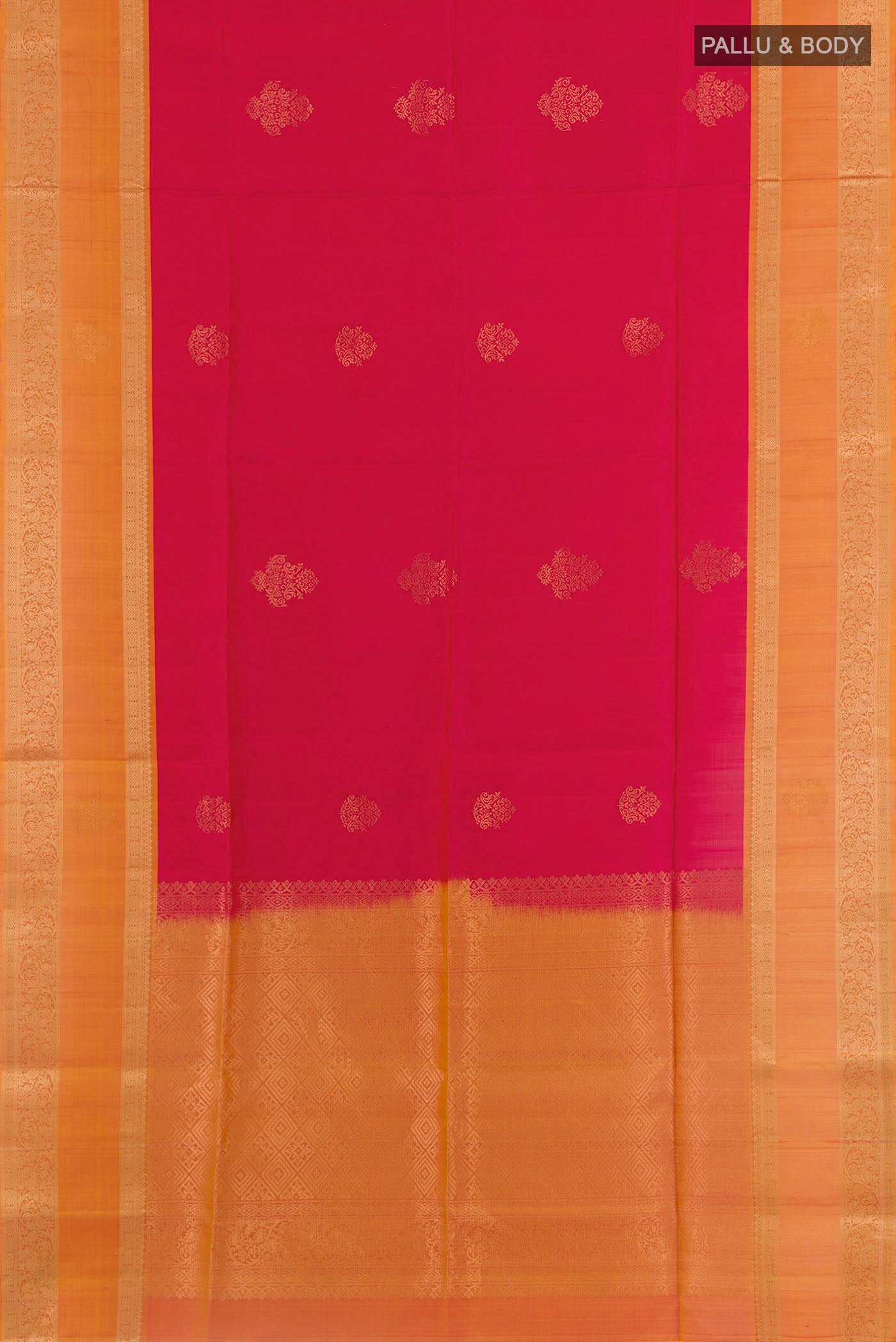 Flat view of Red Soft Silk Saree with Zari Butta on the body and Zari Border. 