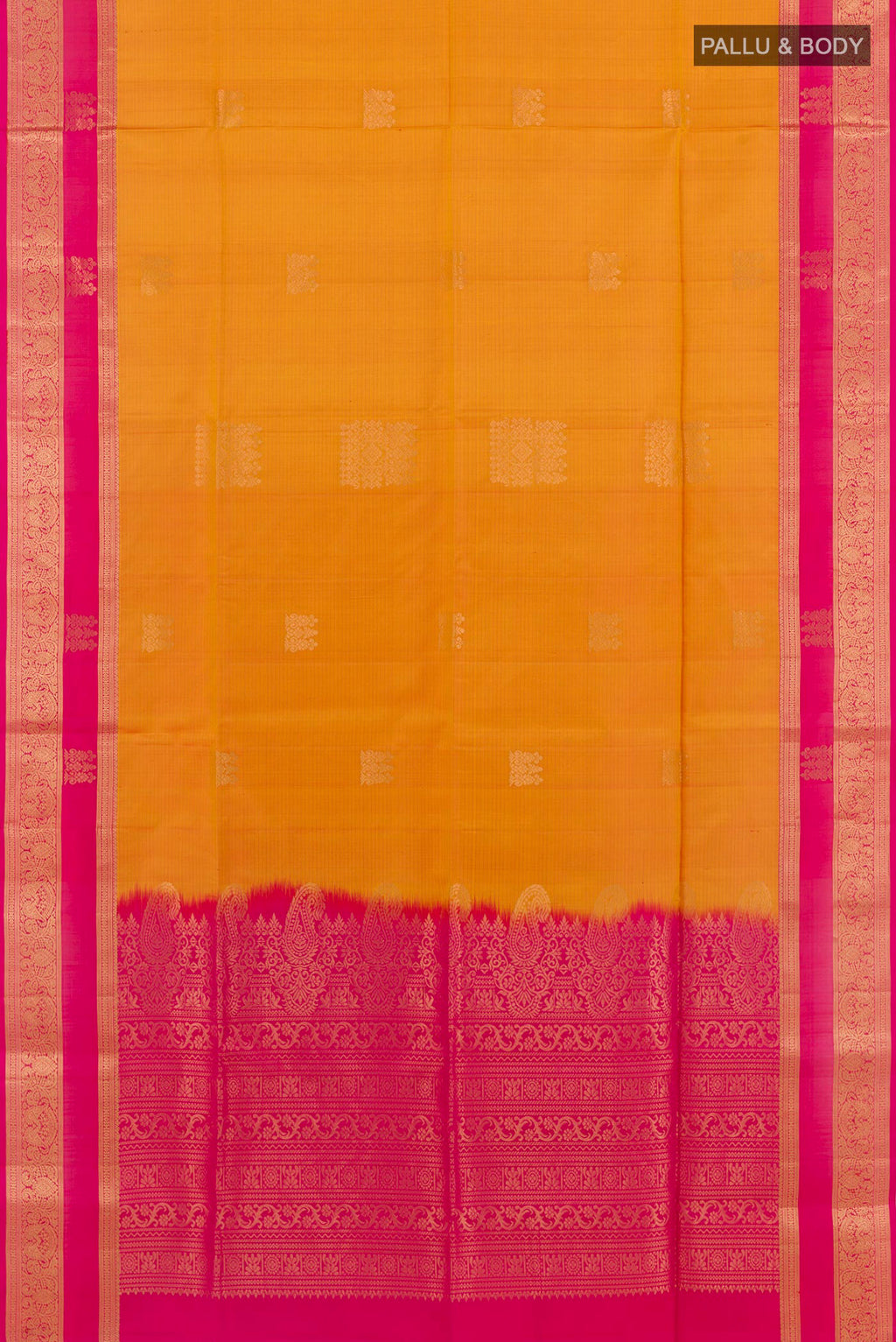 Flat view of Yellow Soft Silk Saree with Zari Butta on the body and Zari Border. 
