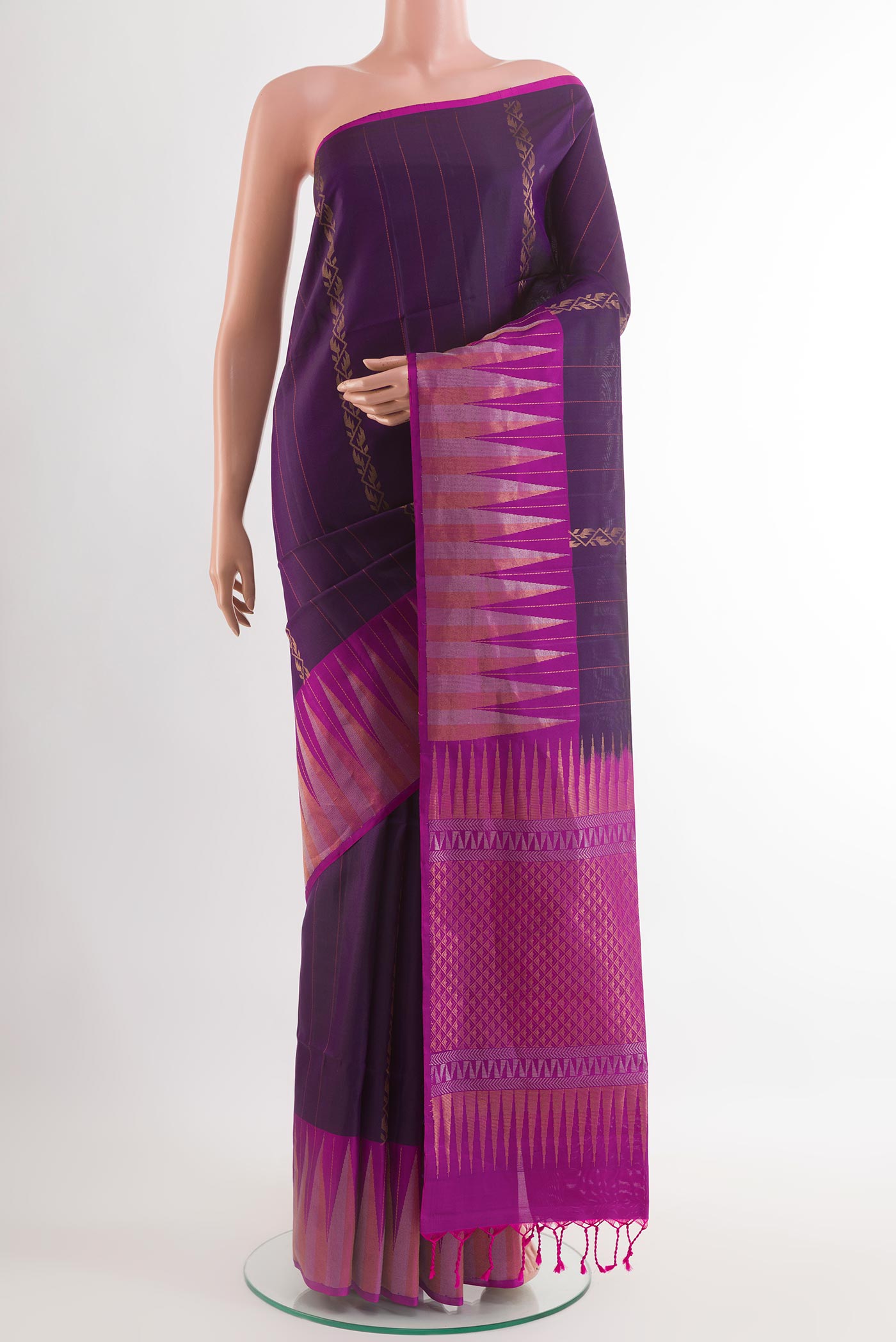 Purple Soft Silk Saree with Stripes on the body and Zari Border.  displayed on a mannequin