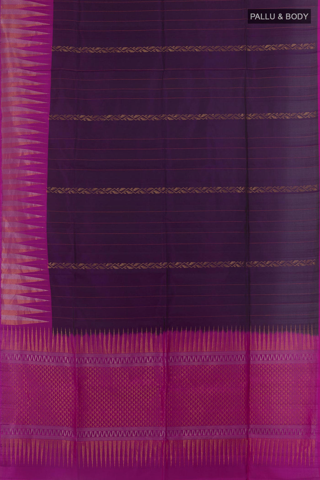 Flat view of Purple Soft Silk Saree with Stripes on the body and Zari Border. 