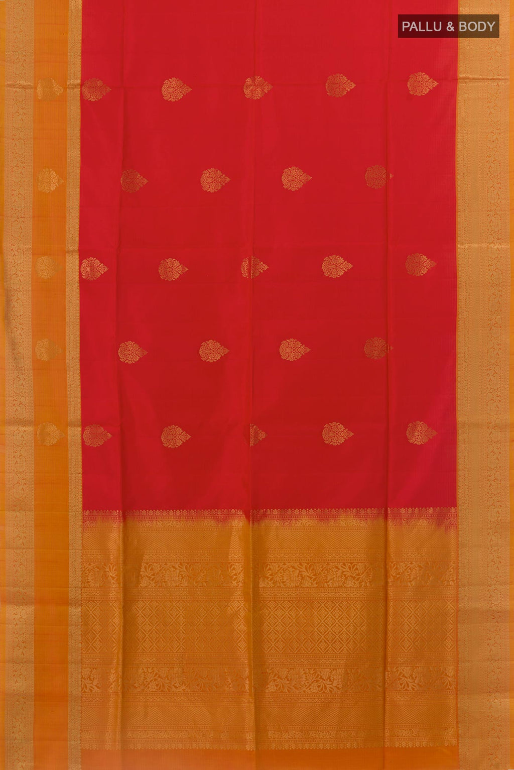 Flat view of Red Soft Silk Saree with Zari Butta on the body and Zari Border. 