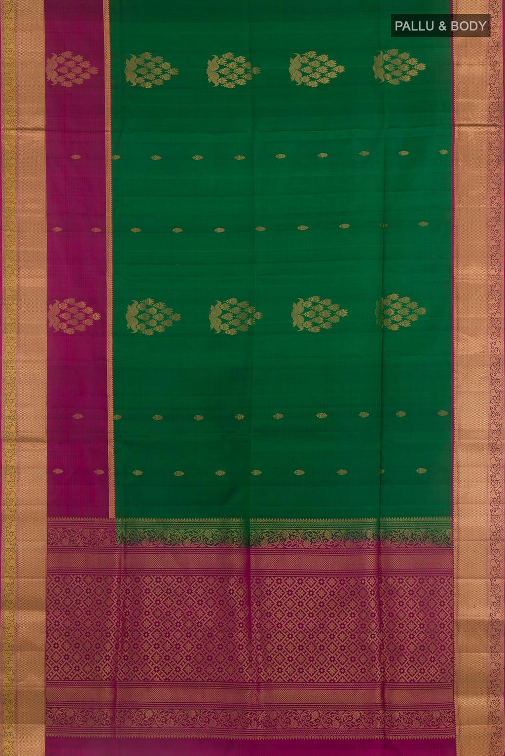 Flat view of Green Soft Silk Saree with Ikat design on the body and Zari Border. 