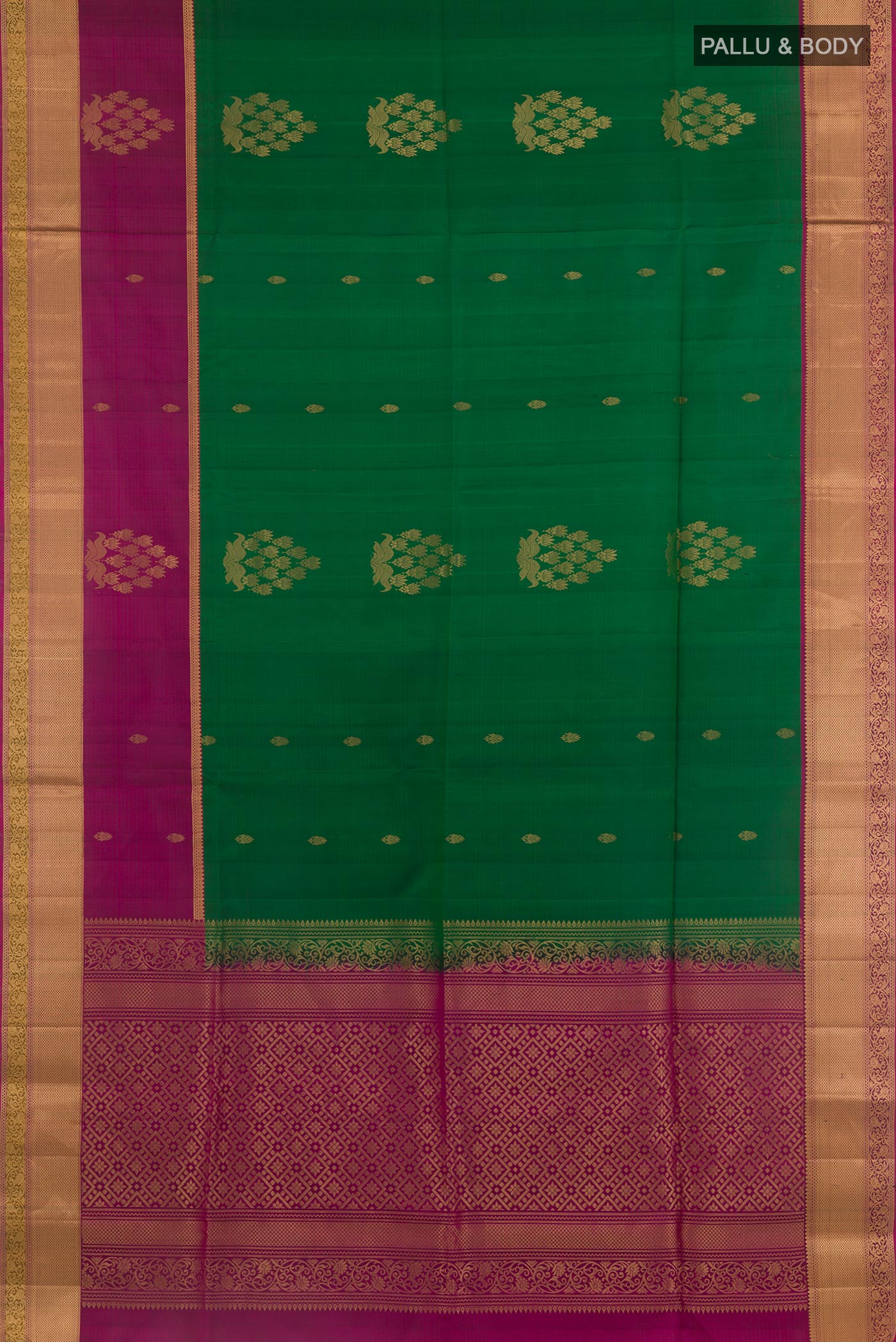 Flat view of Green Soft Silk Saree with Ikat design on the body and Zari Border. 