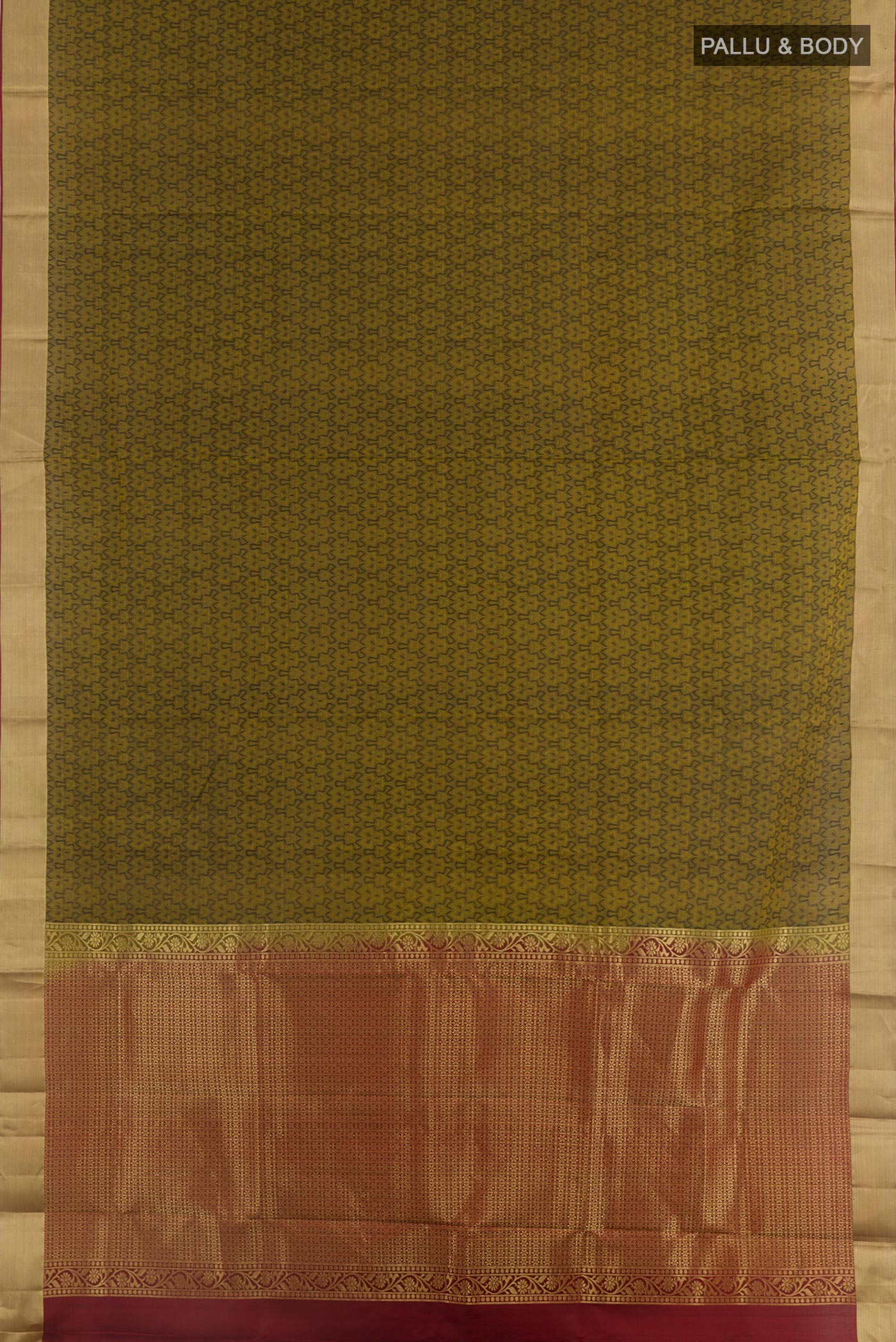 Flat view of Mehandi Green Kanjivaram Silk Saree with Jacquard design on the body and Zari Border. 