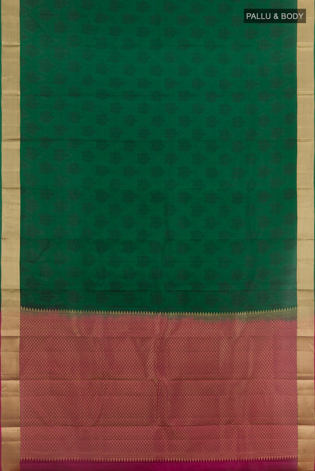 Flat view of Green Kanjivaram Silk Saree with Jacquard design on the body and Zari Border. 